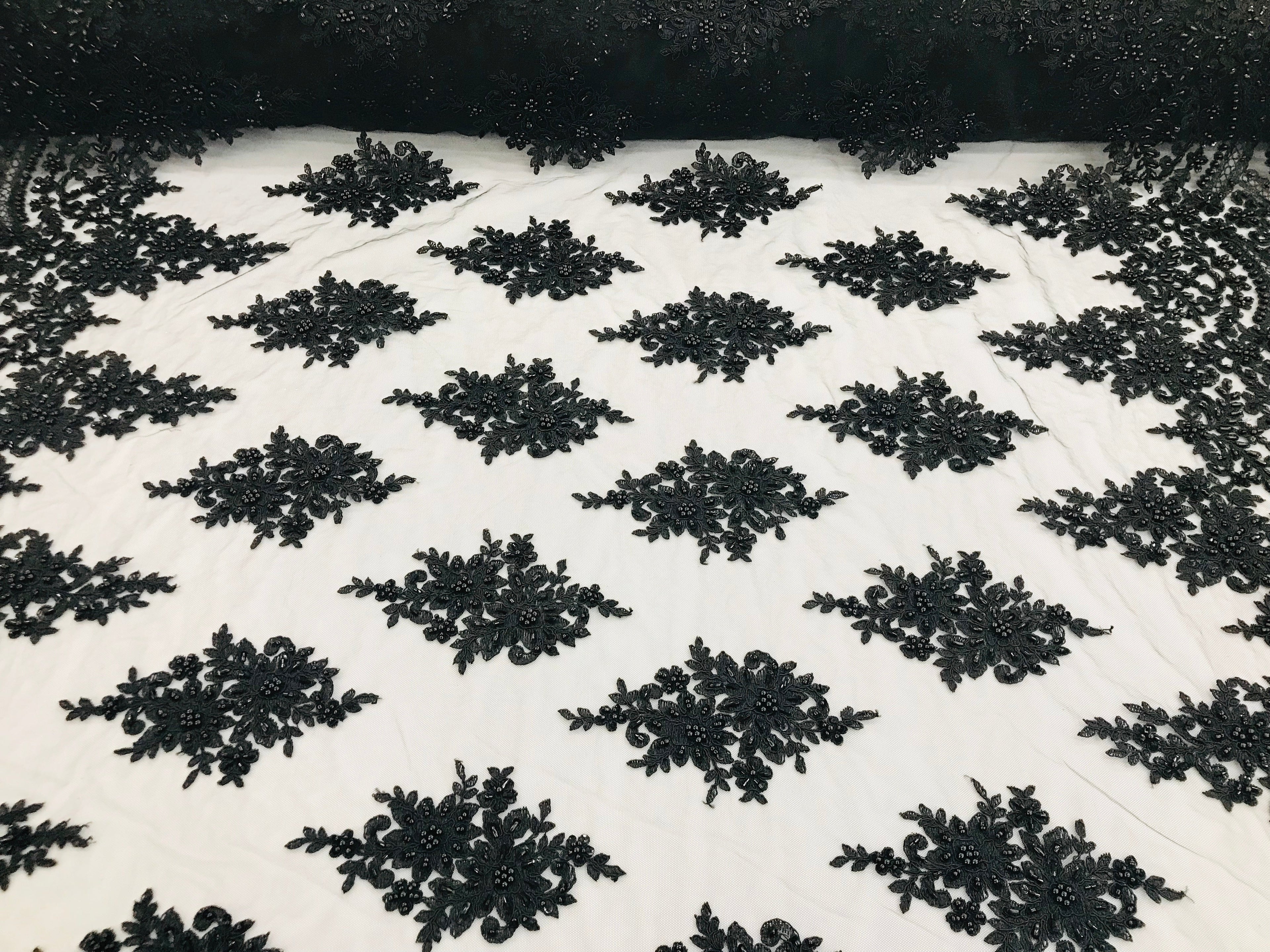 Black - Hand Beaded Embroidered Flower Pattern Bridal Wedding Lace Fabric Sold by The Yard