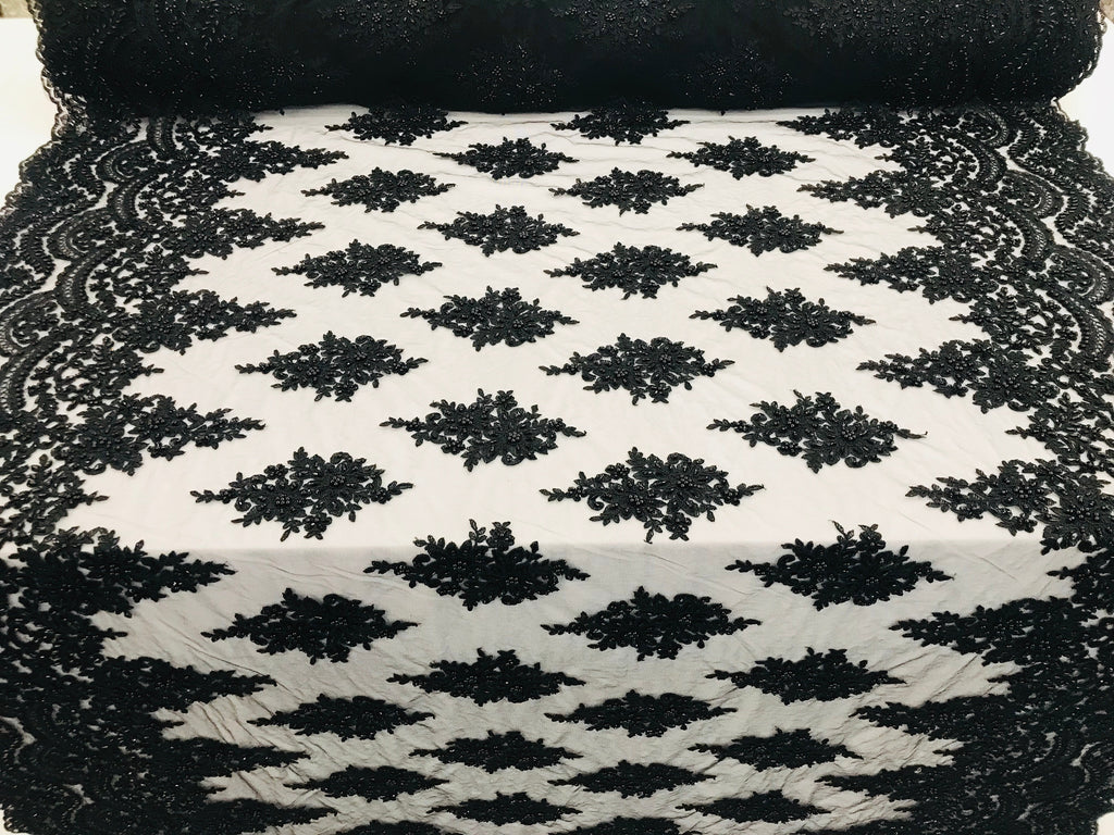 Black - Hand Beaded Embroidered Flower Pattern Bridal Wedding Lace Fabric Sold by The Yard