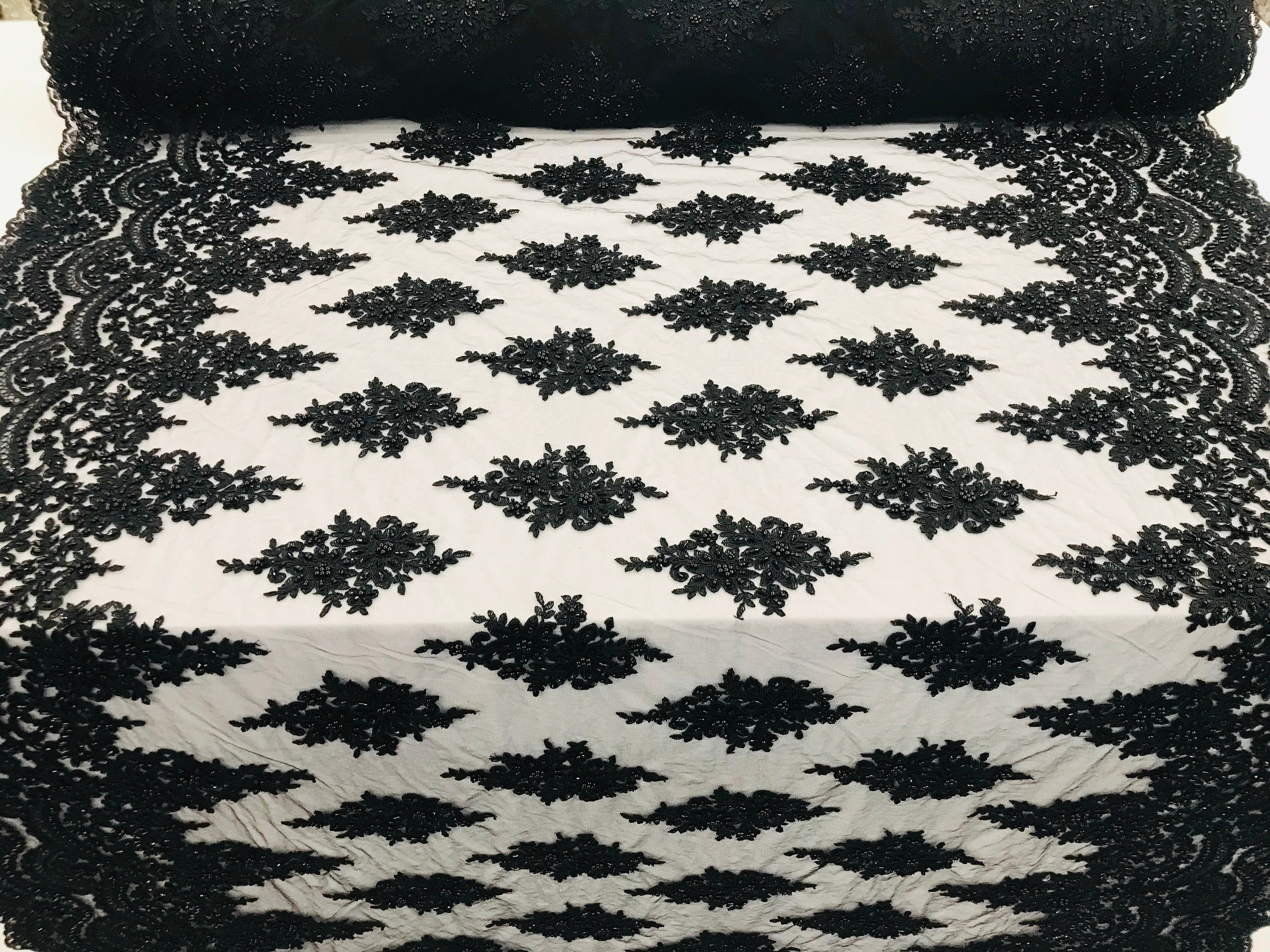 Black - Hand Beaded Embroidered Flower Pattern Bridal Wedding Lace Fabric Sold by The Yard