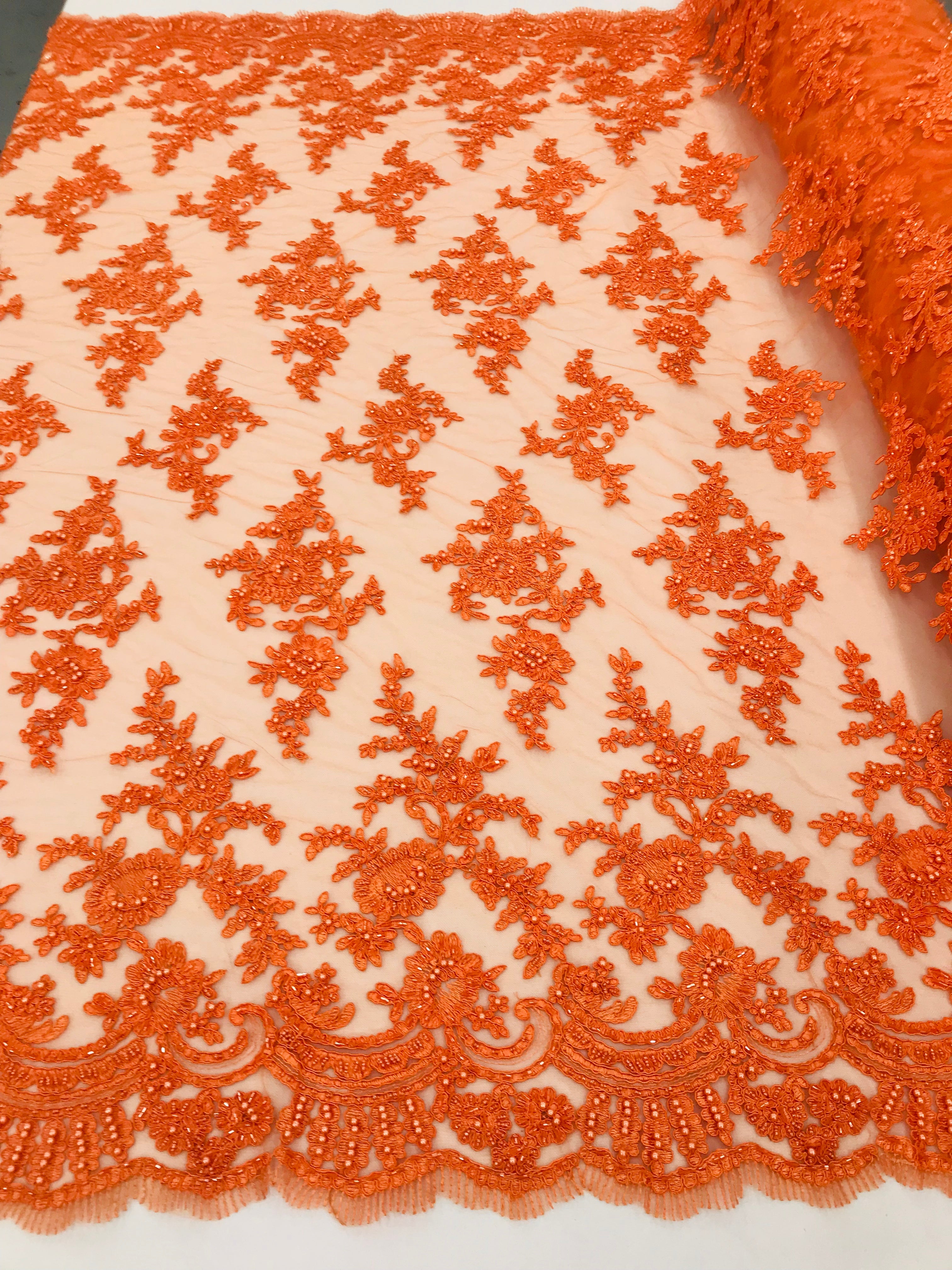 Orange -  Floral Hand Beaded Embroidered Pattern Bridal Lace Wedding Fabric Sold by The Yard