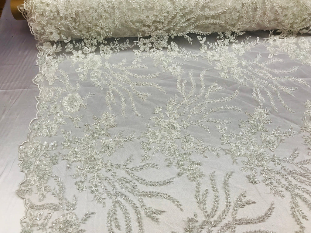 Beaded -Ivory- Fancy Flower Design Sequins Fabric with Beads Sold By The Yard