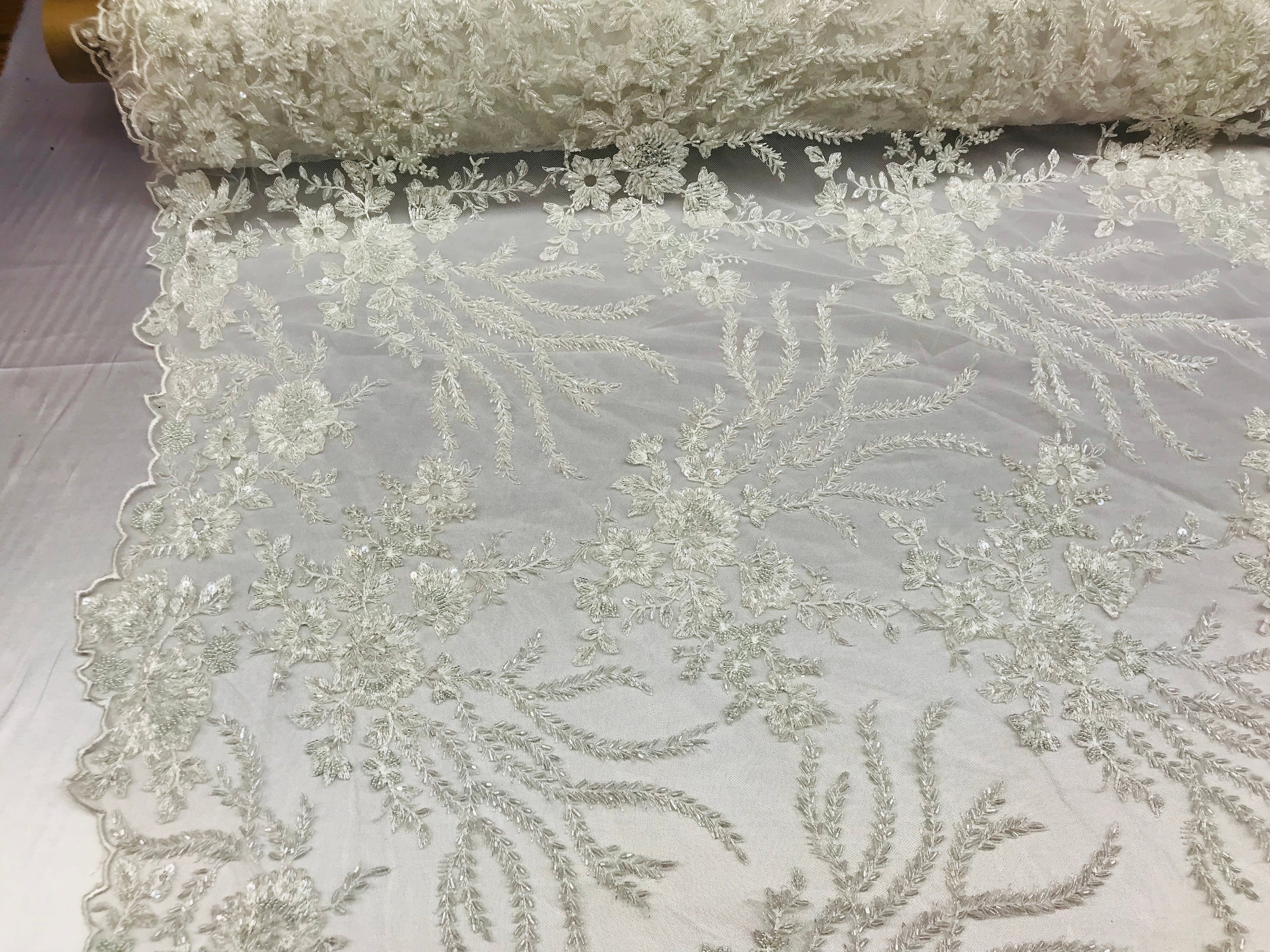 Beaded -Ivory- Fancy Flower Design Sequins Fabric with Beads Sold By The Yard
