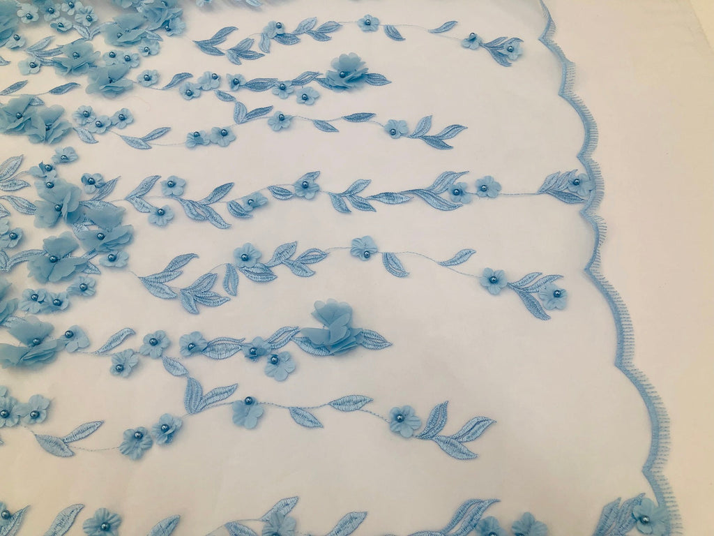 Flower 3D Fabric - Baby Blue - Embroided Fabric Flower Pearls and Leaf Decor Sold by The Yard