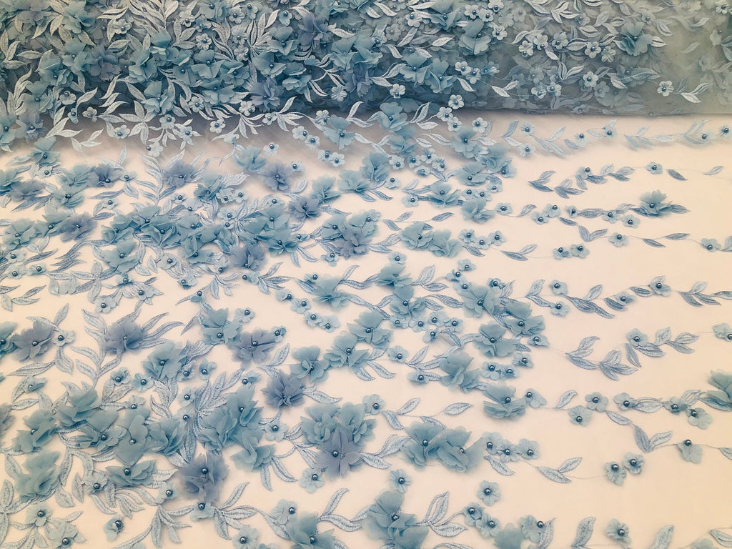 Flower 3D Fabric - Baby Blue - Embroided Fabric Flower Pearls and Leaf Decor Sold by The Yard