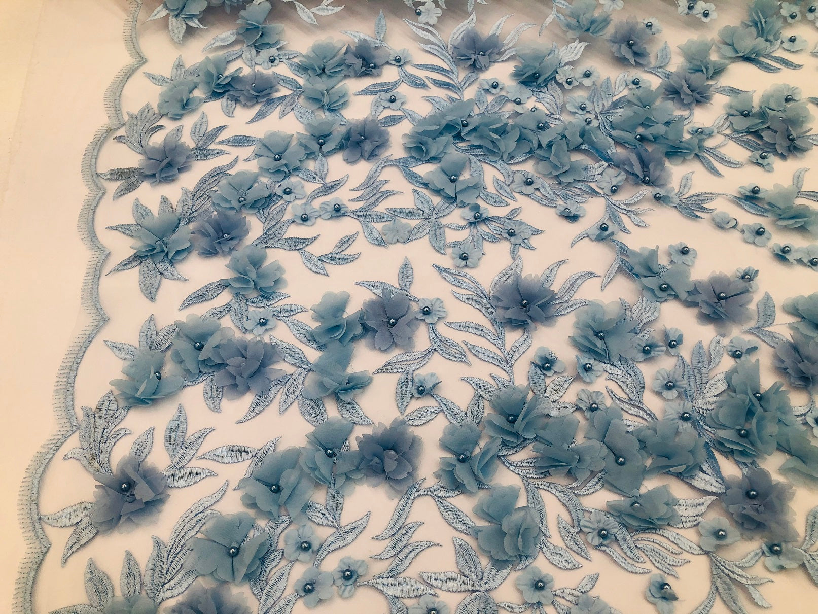 Flower 3D Fabric - Baby Blue - Embroided Fabric Flower Pearls and Leaf Decor Sold by The Yard