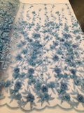 Flower 3D Fabric - Baby Blue - Embroided Fabric Flower Pearls and Leaf Decor Sold by The Yard