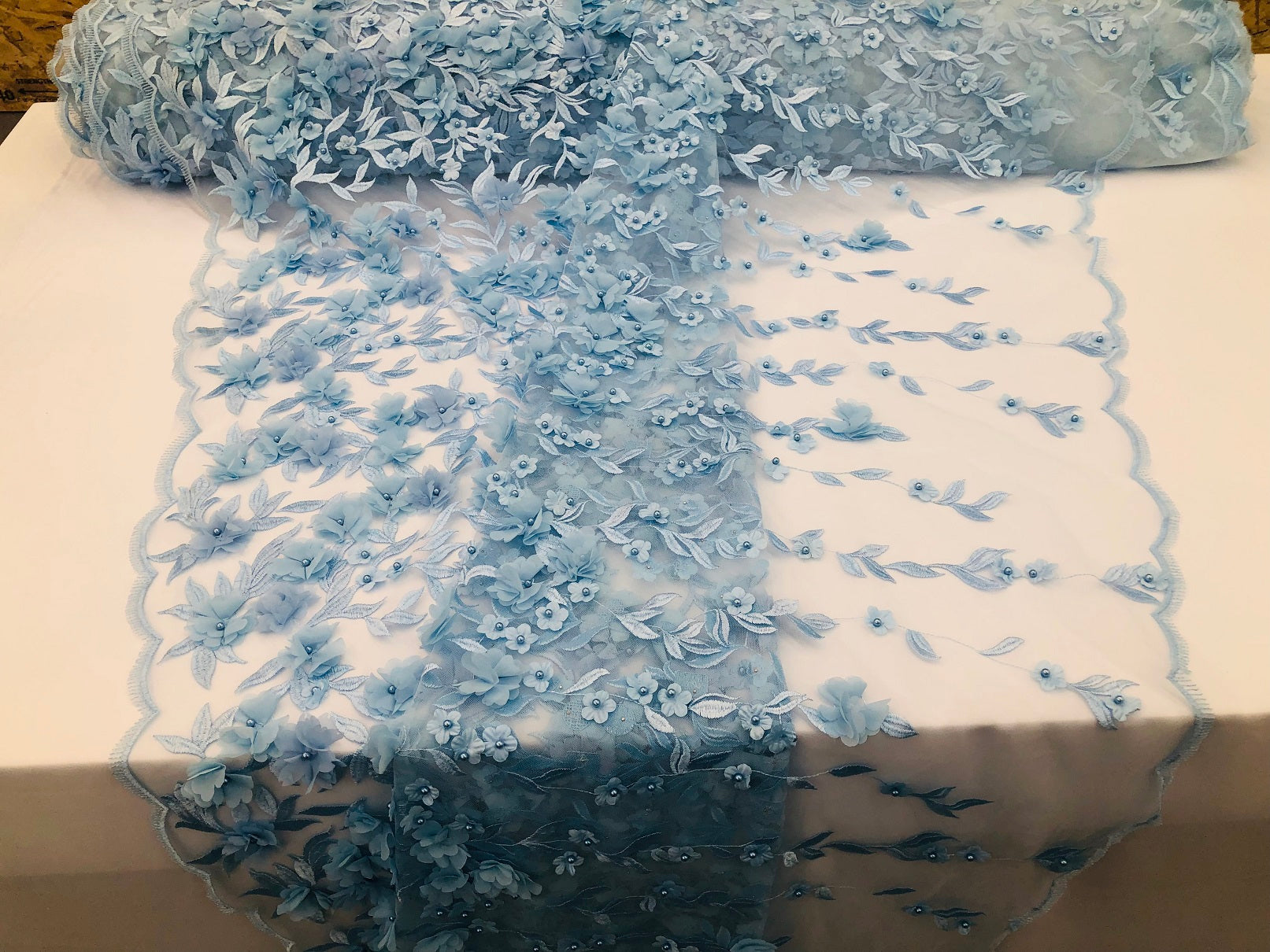 Flower 3D Fabric - Baby Blue - Embroided Fabric Flower Pearls and Leaf Decor Sold by The Yard