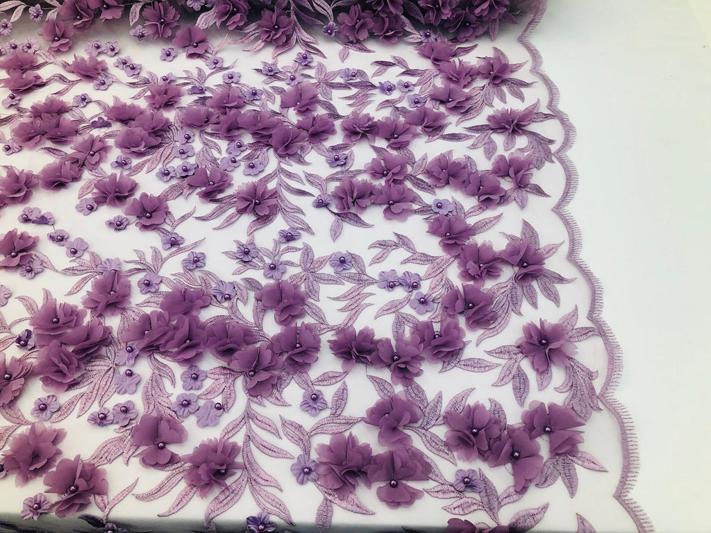 Flower 3D Fabric - Lilac - Embroided Fabric Flower Pearls and Leaf Decor Sold by The Yard