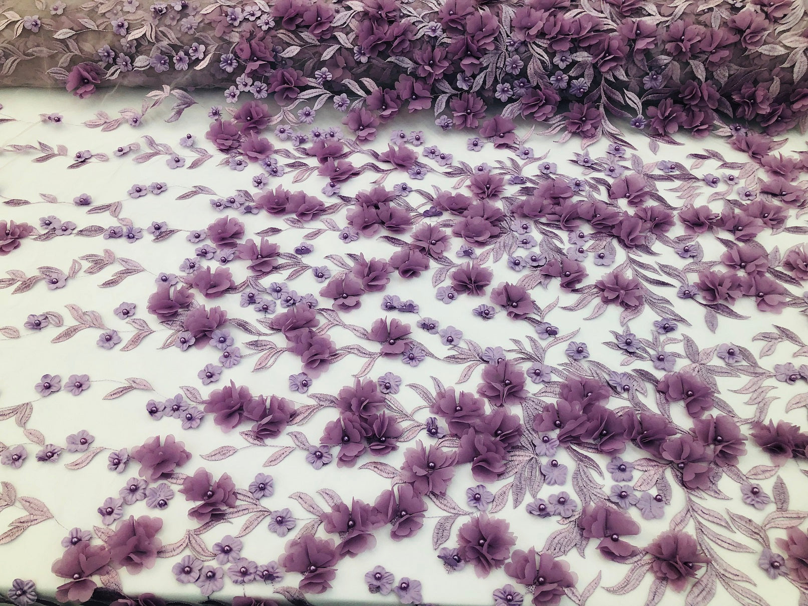 Flower 3D Fabric - Lilac - Embroided Fabric Flower Pearls and Leaf Decor Sold by The Yard
