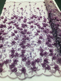 Flower 3D Fabric - Lilac - Embroided Fabric Flower Pearls and Leaf Decor Sold by The Yard