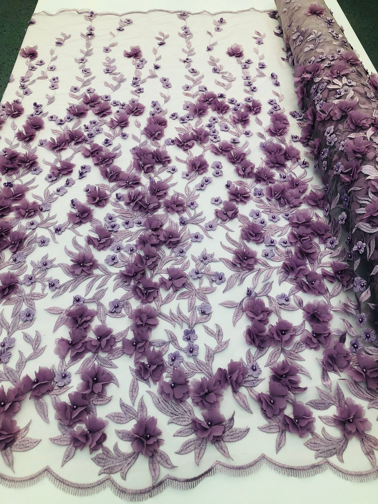 Flower 3D Fabric - Lilac - Embroided Fabric Flower Pearls and Leaf Decor Sold by The Yard