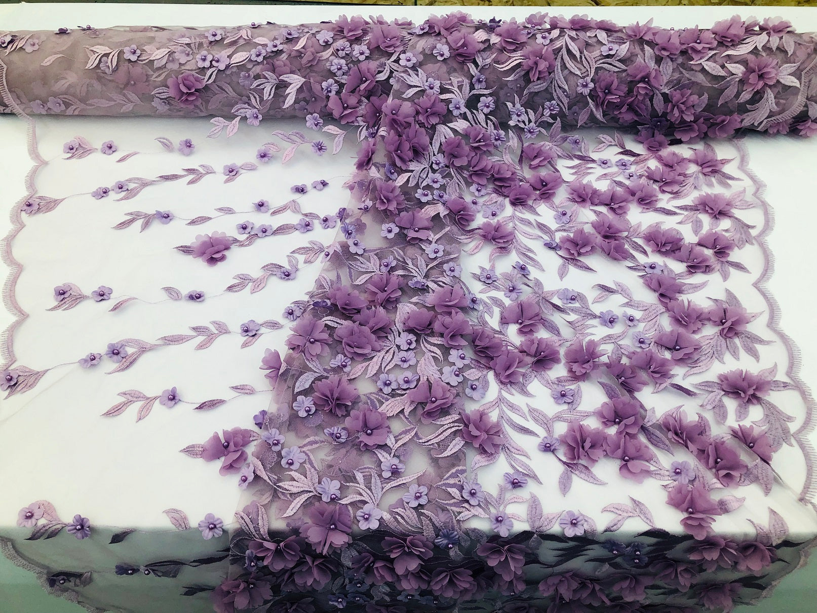 Flower 3D Fabric - Lilac - Embroided Fabric Flower Pearls and Leaf Decor Sold by The Yard