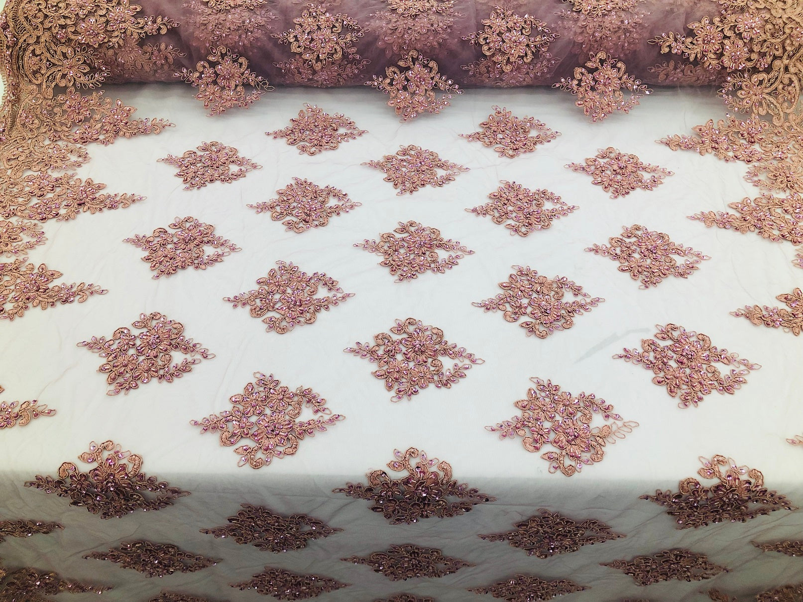 Beaded Fabric By The Yard Dk Rose Embroidered Pattern Beaded On A Mesh For Bridal Veil Wedding
