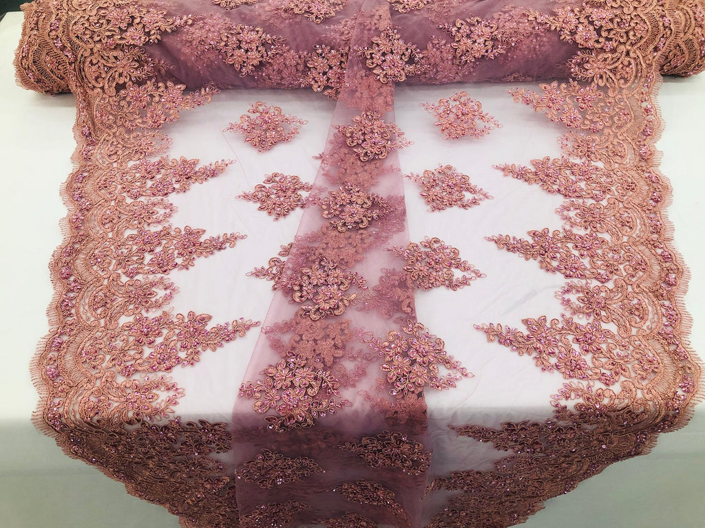Beaded Fabric By The Yard Dk Rose Embroidered Pattern Beaded On A Mesh For Bridal Veil Wedding