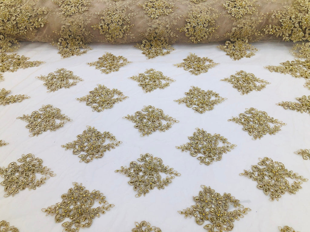 Beaded Fabric By The Yard CHAMPAGNE Embroidered Pattern Beaded On A Mesh For Bridal Veil Wedding