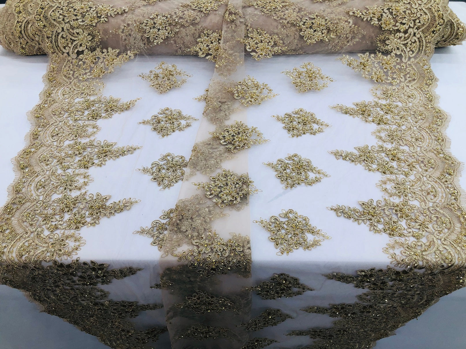Beaded Fabric By The Yard CHAMPAGNE Embroidered Pattern Beaded On A Mesh For Bridal Veil Wedding