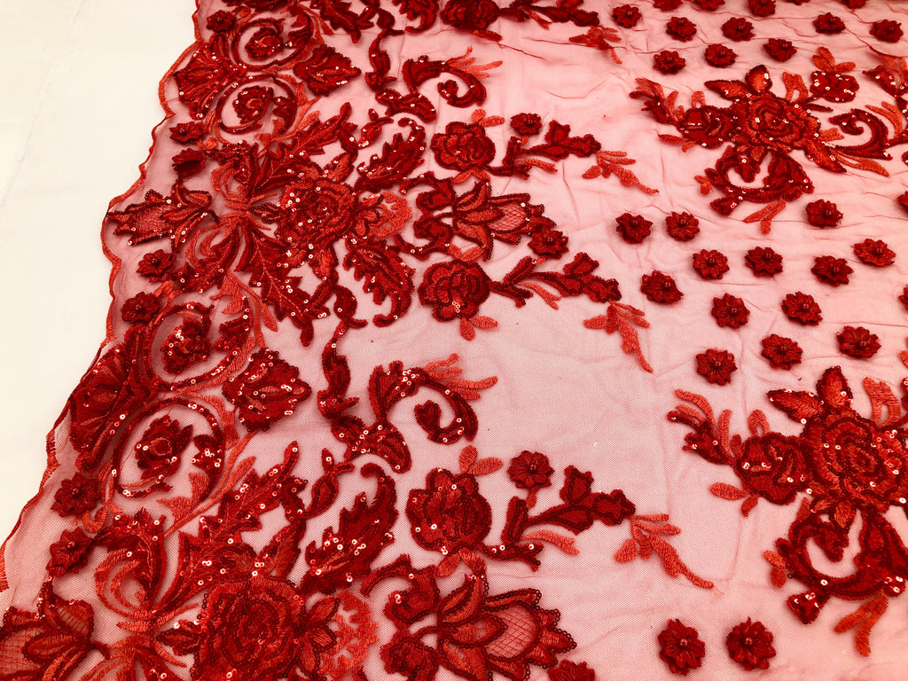 Red - Mini 3D Flower Embroidered Mesh Sequins And Beaded Fabric Sold By The Yard