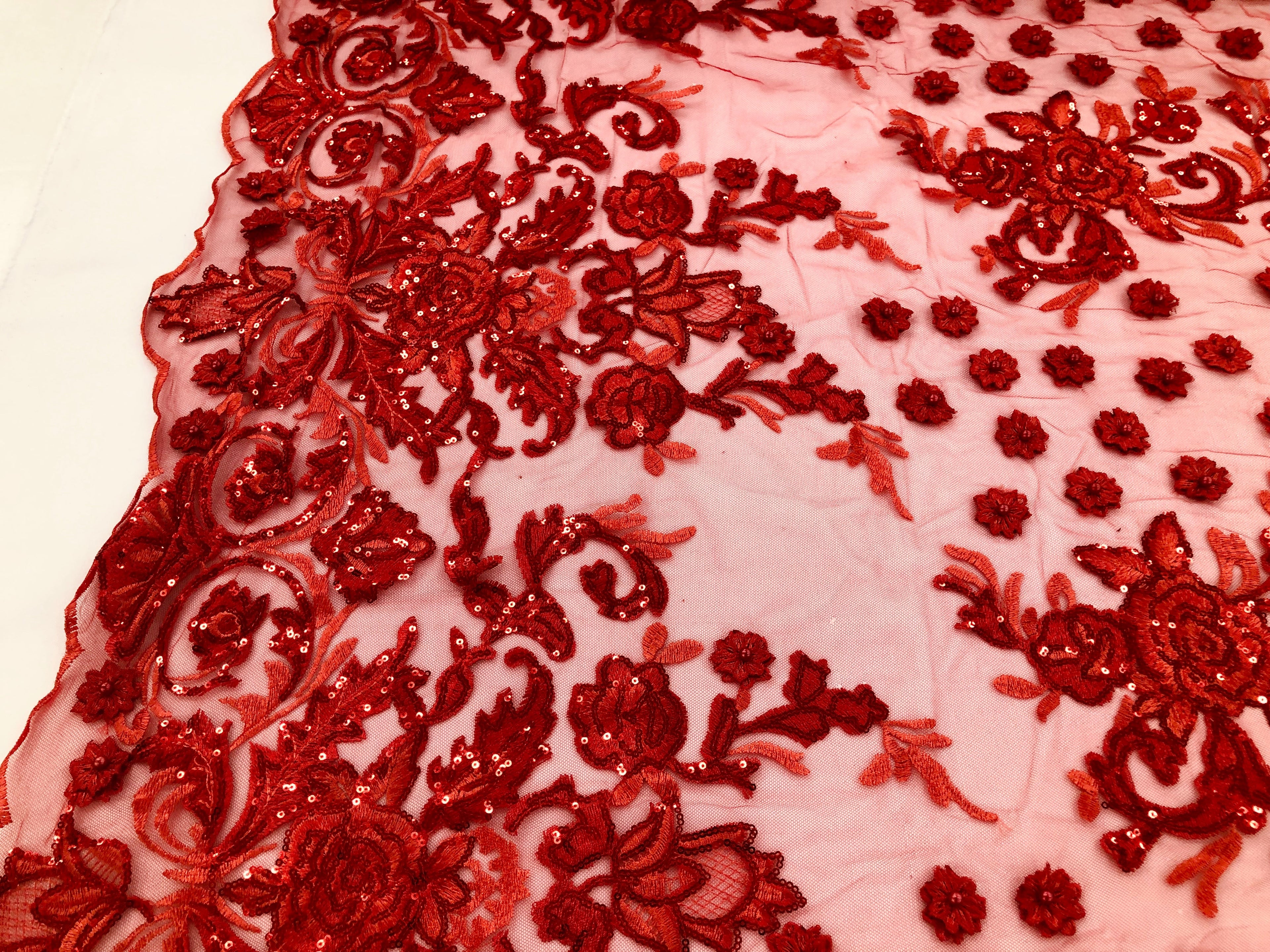 Red - Mini 3D Flower Embroidered Mesh Sequins And Beaded Fabric Sold By The Yard