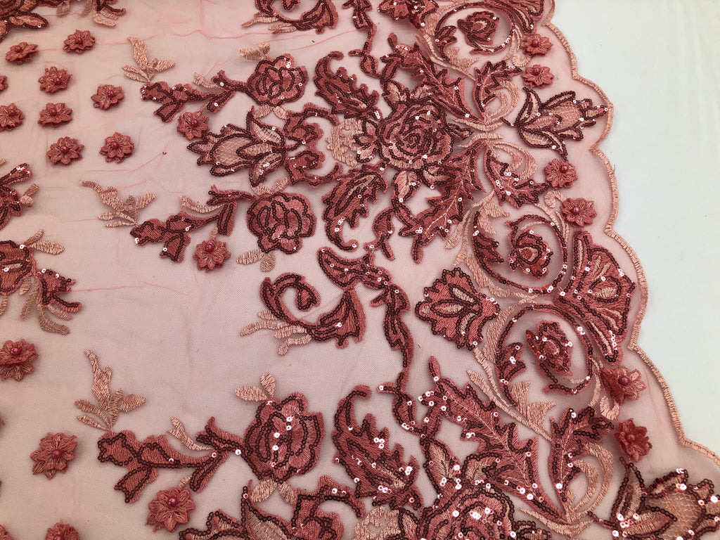 Coral - Mini 3D Flower Embroidered Mesh Sequins And Beaded Fabric Sold By The Yard