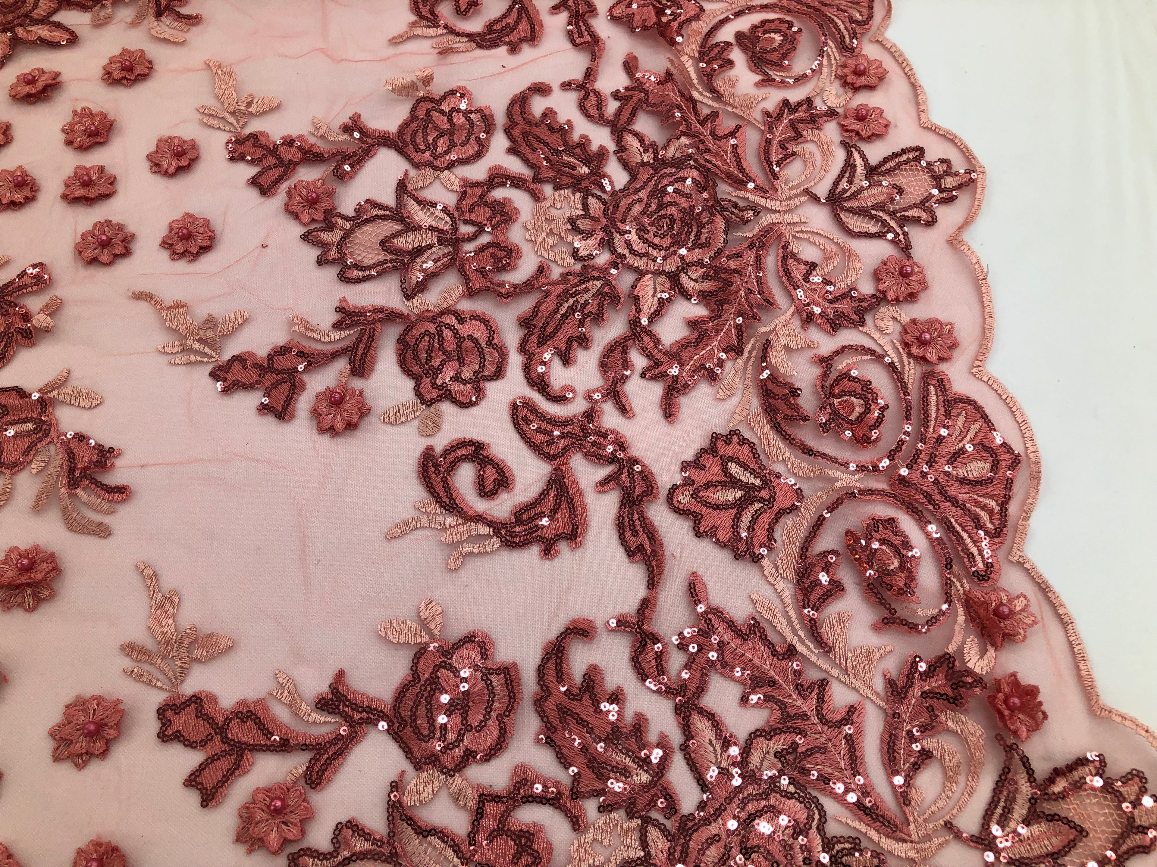 Coral - Mini 3D Flower Embroidered Mesh Sequins And Beaded Fabric Sold By The Yard