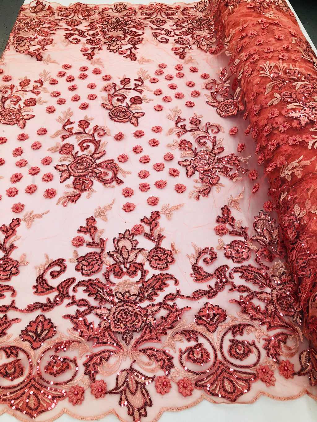 Coral - Mini 3D Flower Embroidered Mesh Sequins And Beaded Fabric Sold By The Yard