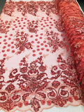 Coral - Mini 3D Flower Embroidered Mesh Sequins And Beaded Fabric Sold By The Yard