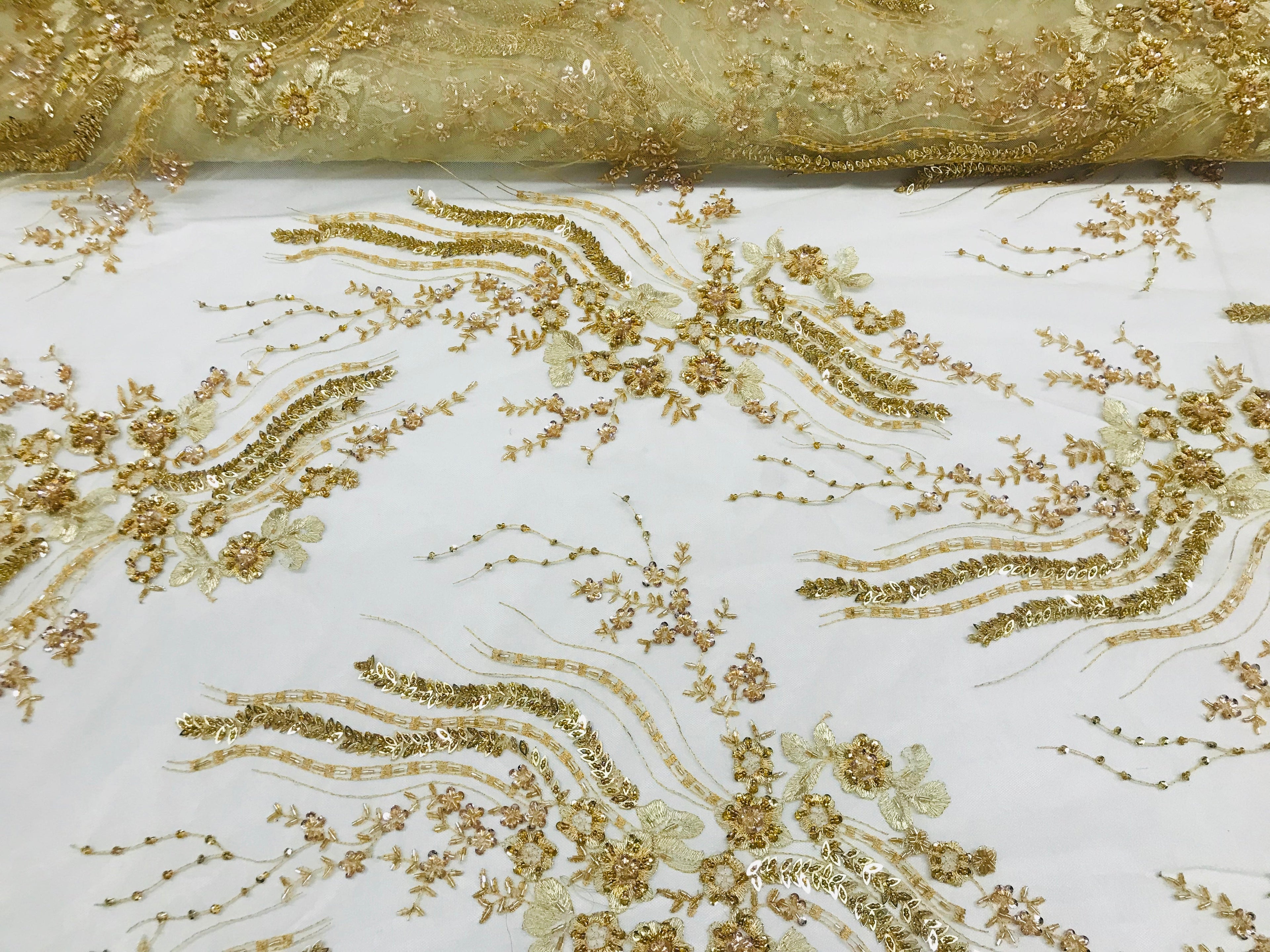 Beaded - Champagne - Elegant Small Flower Pattern Design Sequins Fabric with Beads Sold By The Yard