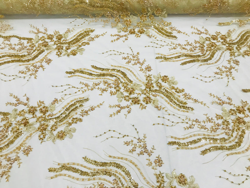 Beaded - Champagne - Elegant Small Flower Pattern Design Sequins Fabric with Beads Sold By The Yard