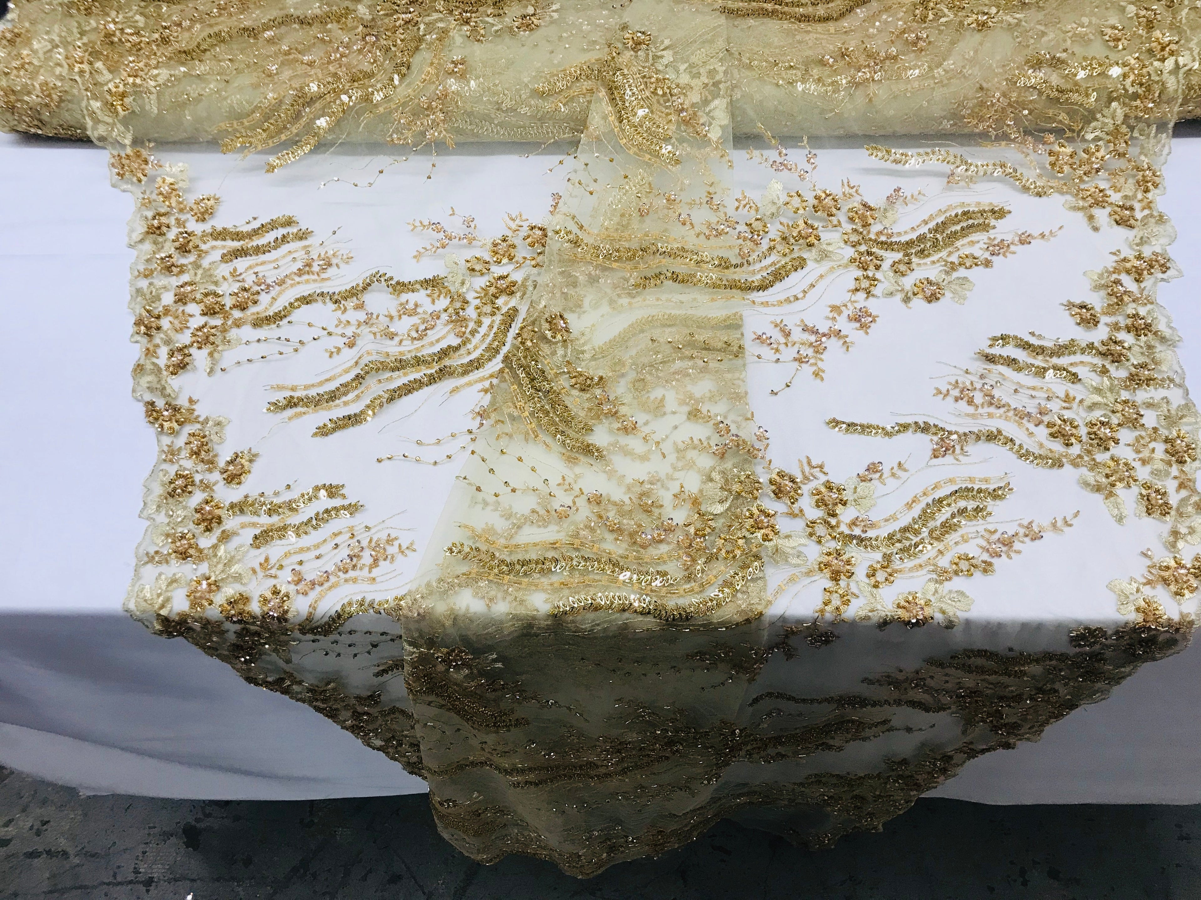 Beaded - Champagne - Elegant Small Flower Pattern Design Sequins Fabric with Beads Sold By The Yard