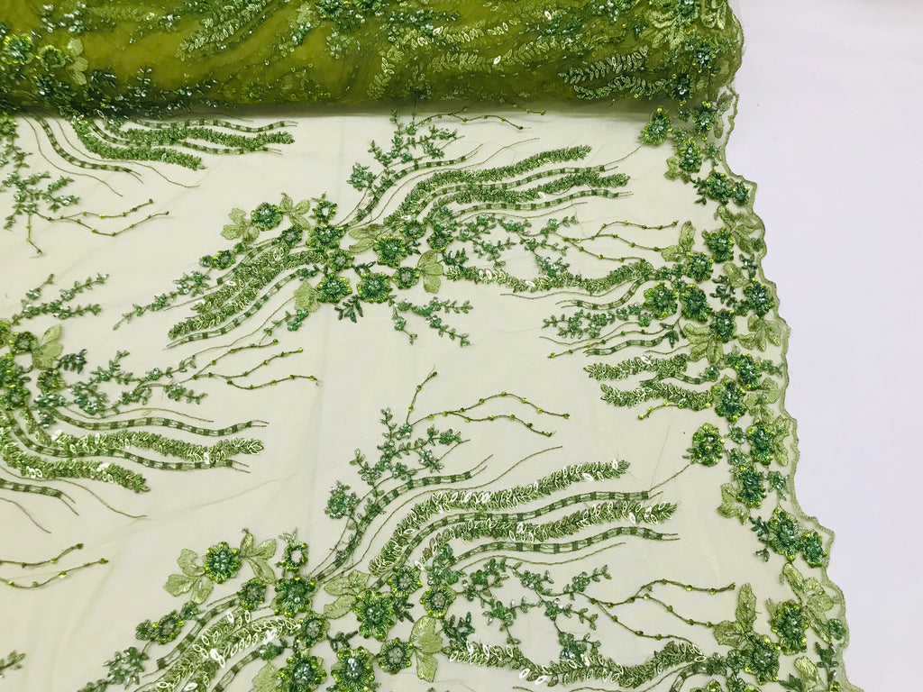 Beaded - Olive - Elegant Small Flower Pattern Design Sequins Fabric with Beads Sold By The Yard