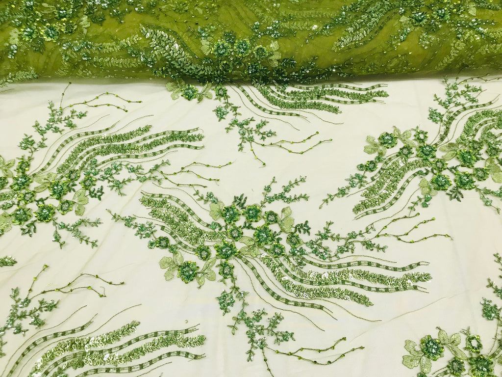 Beaded - Olive - Elegant Small Flower Pattern Design Sequins Fabric with Beads Sold By The Yard
