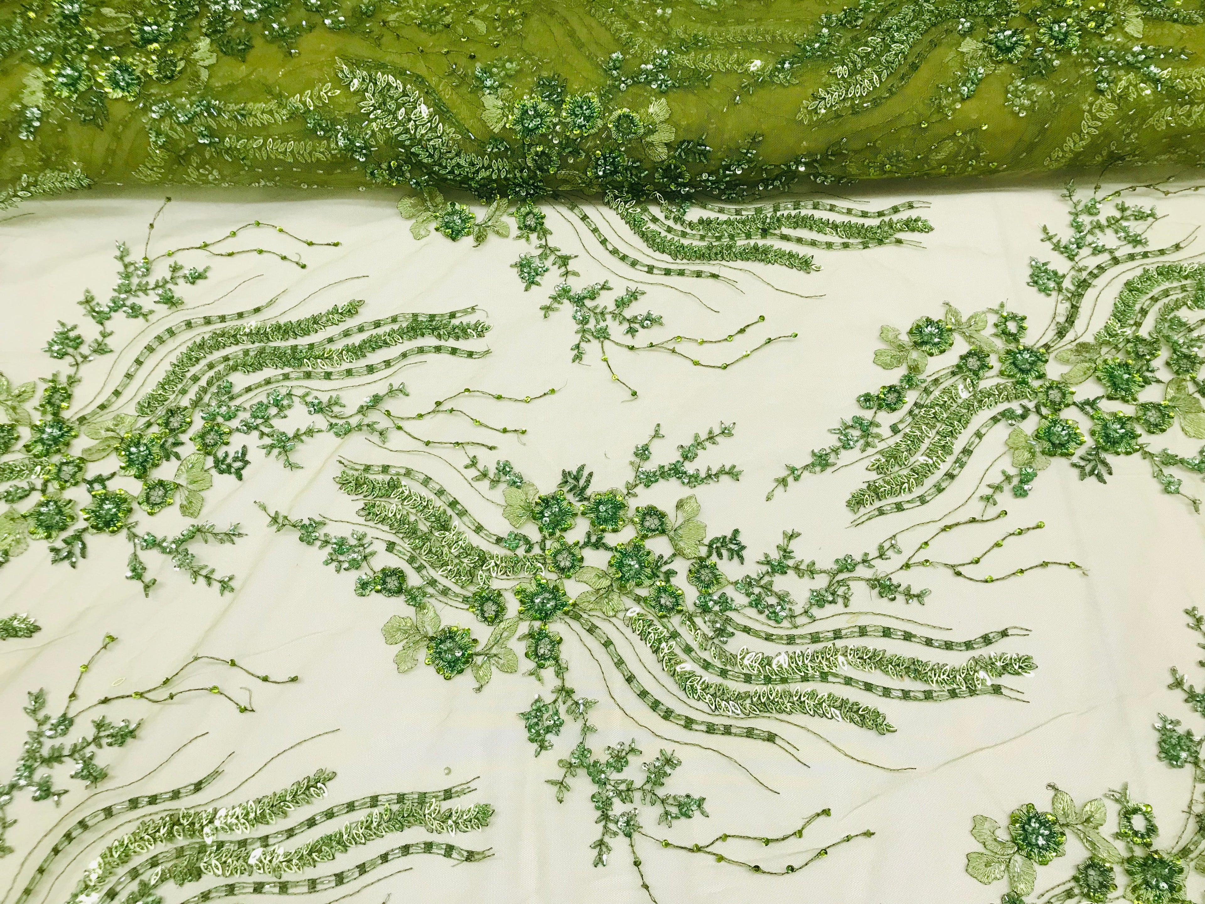 Beaded - Olive - Elegant Small Flower Pattern Design Sequins Fabric with Beads Sold By The Yard