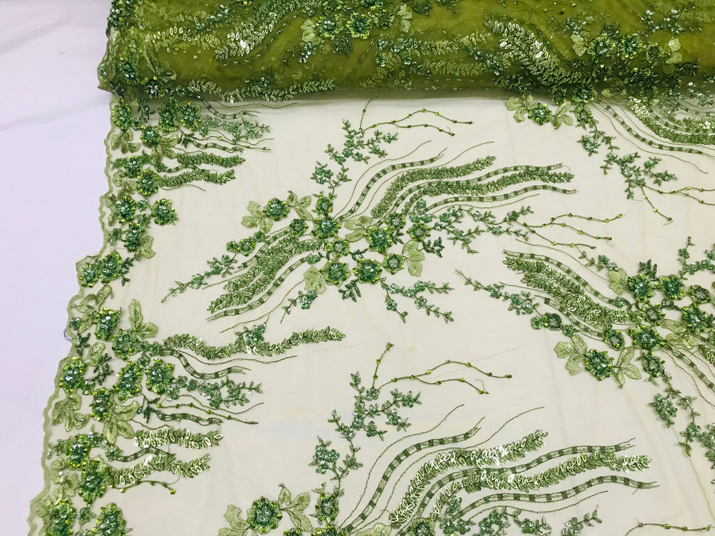 Beaded - Olive - Elegant Small Flower Pattern Design Sequins Fabric with Beads Sold By The Yard