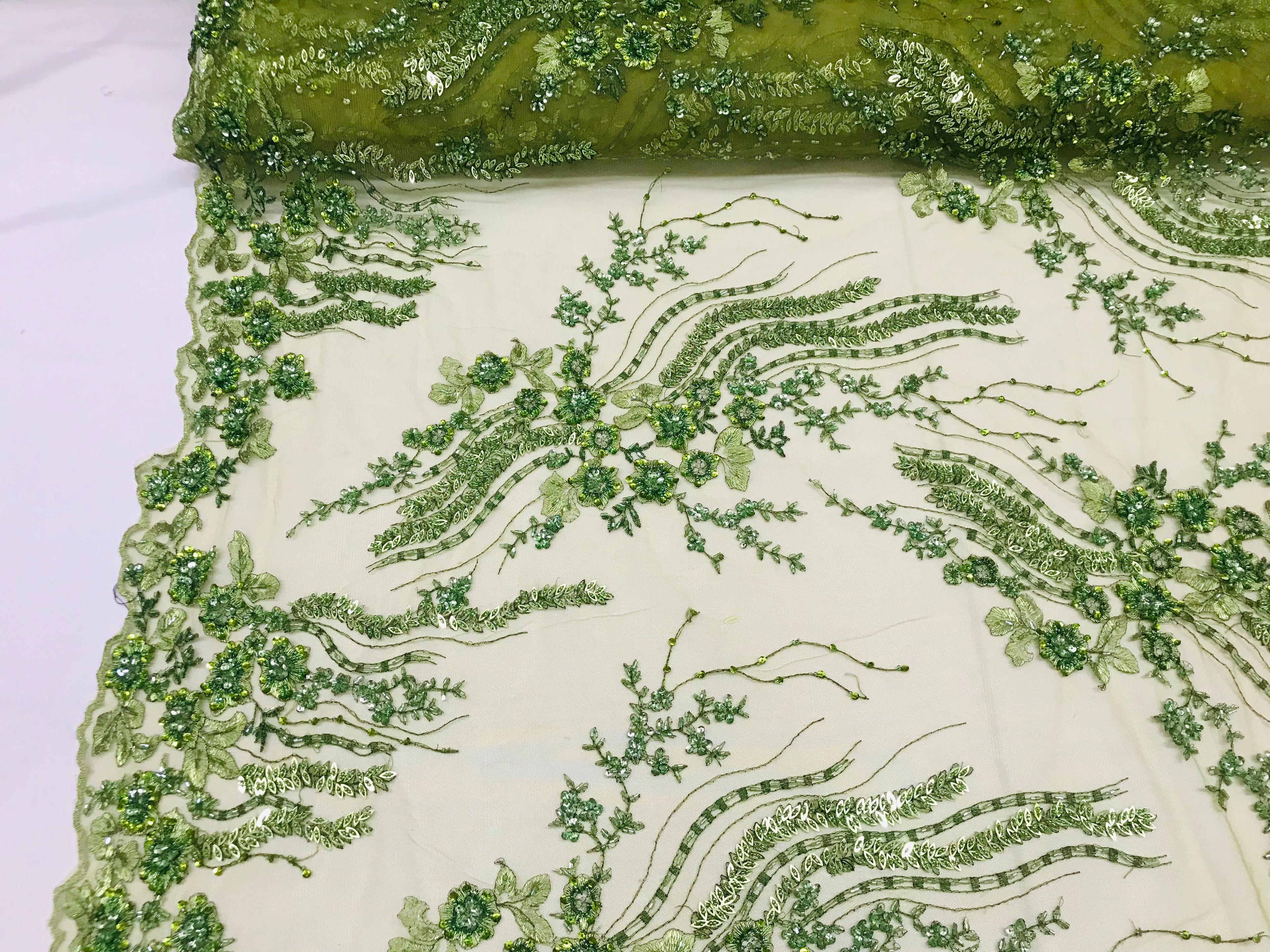 Beaded - Olive - Elegant Small Flower Pattern Design Sequins Fabric with Beads Sold By The Yard