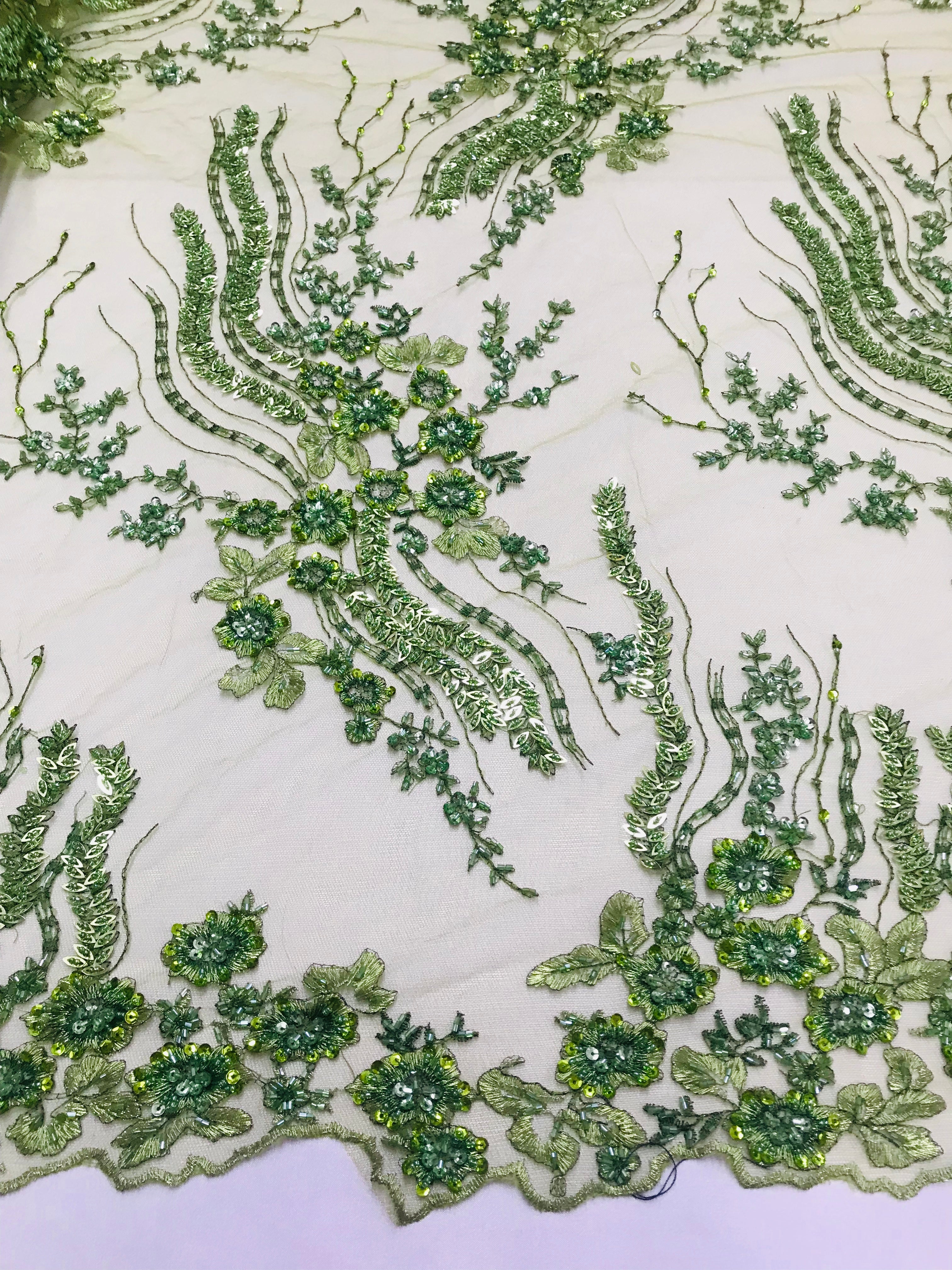 Beaded - Olive - Elegant Small Flower Pattern Design Sequins Fabric with Beads Sold By The Yard