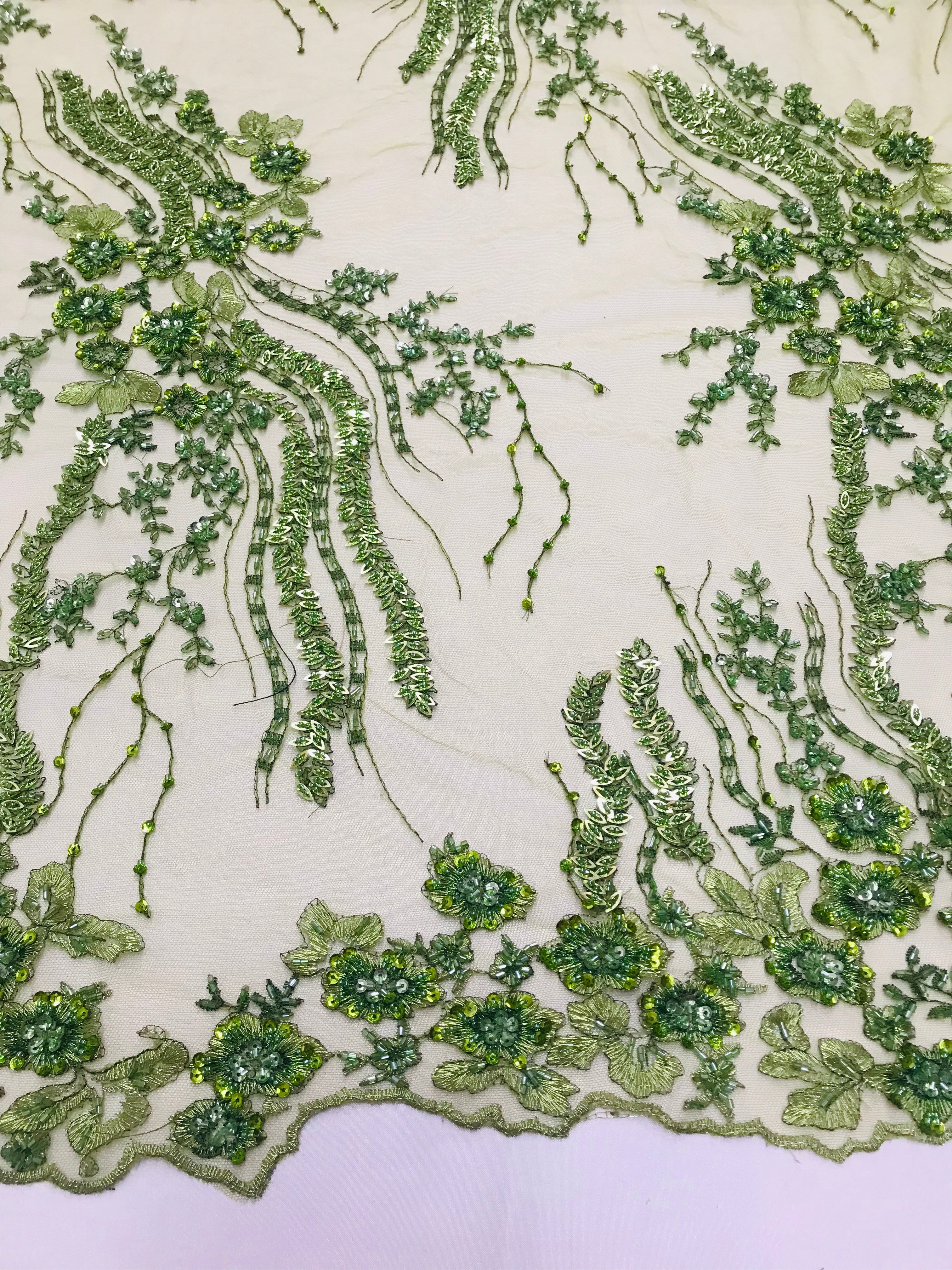 Beaded - Olive - Elegant Small Flower Pattern Design Sequins Fabric with Beads Sold By The Yard