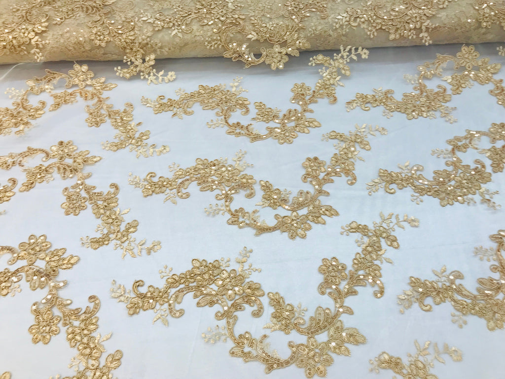 Floral Lace Fabric - Light Gold - Flowers Embroidery Sequins Mesh Design Fabric Sold By The Yard