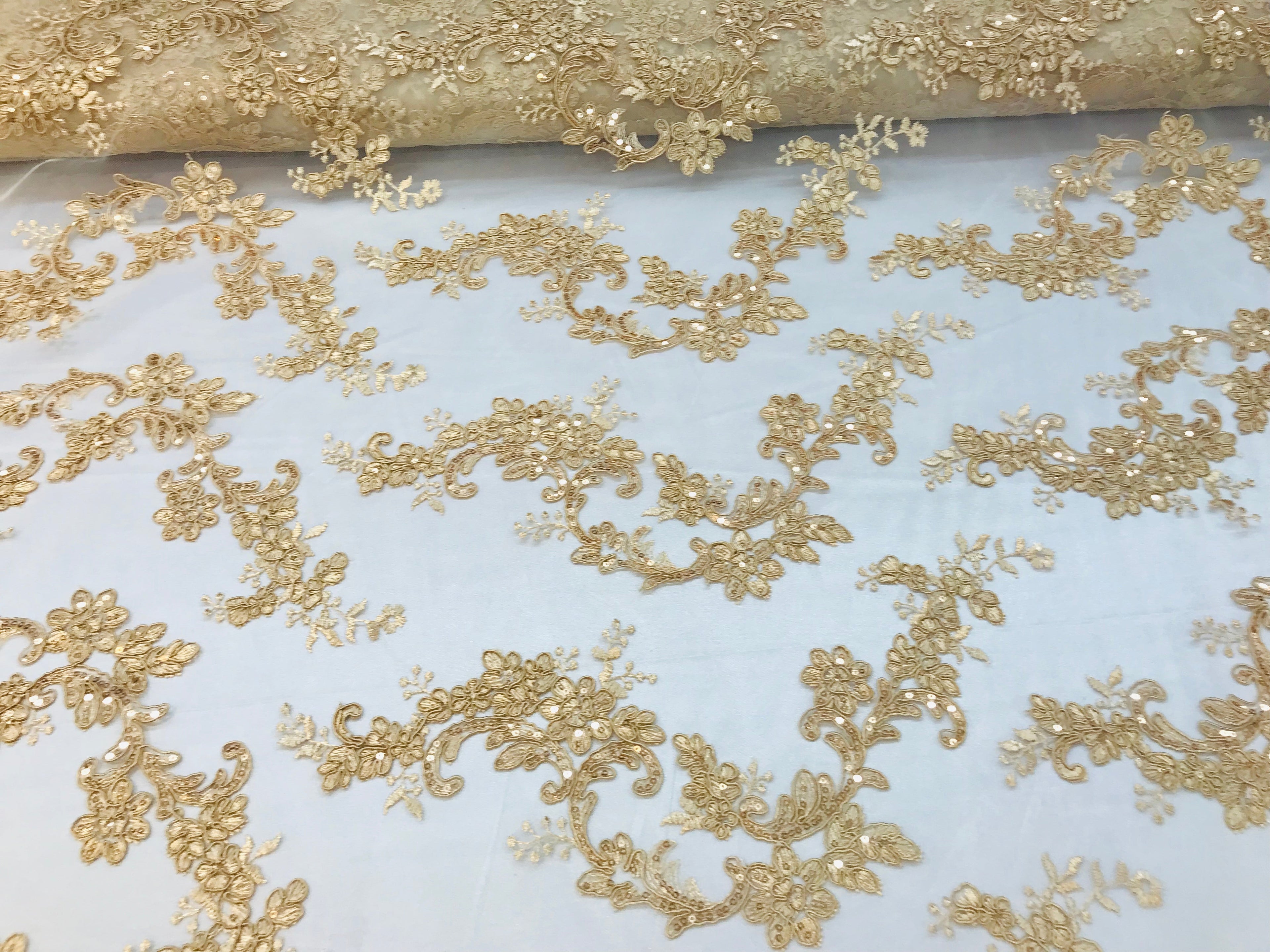 Floral Lace Fabric - Light Gold - Flowers Embroidery Sequins Mesh Design Fabric Sold By The Yard