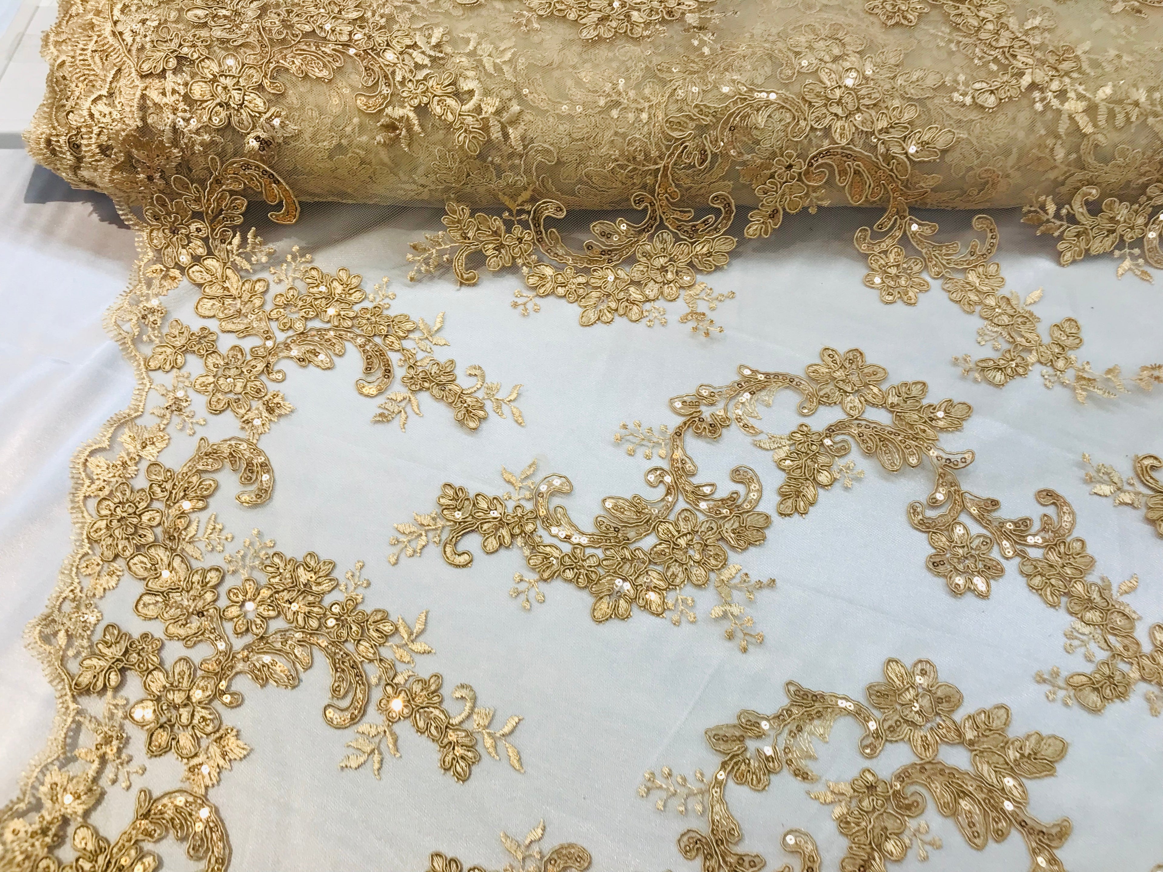 Floral Lace Fabric - Light Gold - Flowers Embroidery Sequins Mesh Design Fabric Sold By The Yard