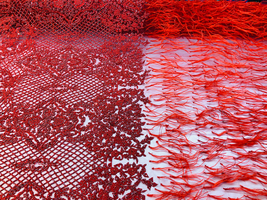 Beaded Feather Fabric - Red - Embroidered Luxury Mesh Lace Beads and Feathers By The Yard