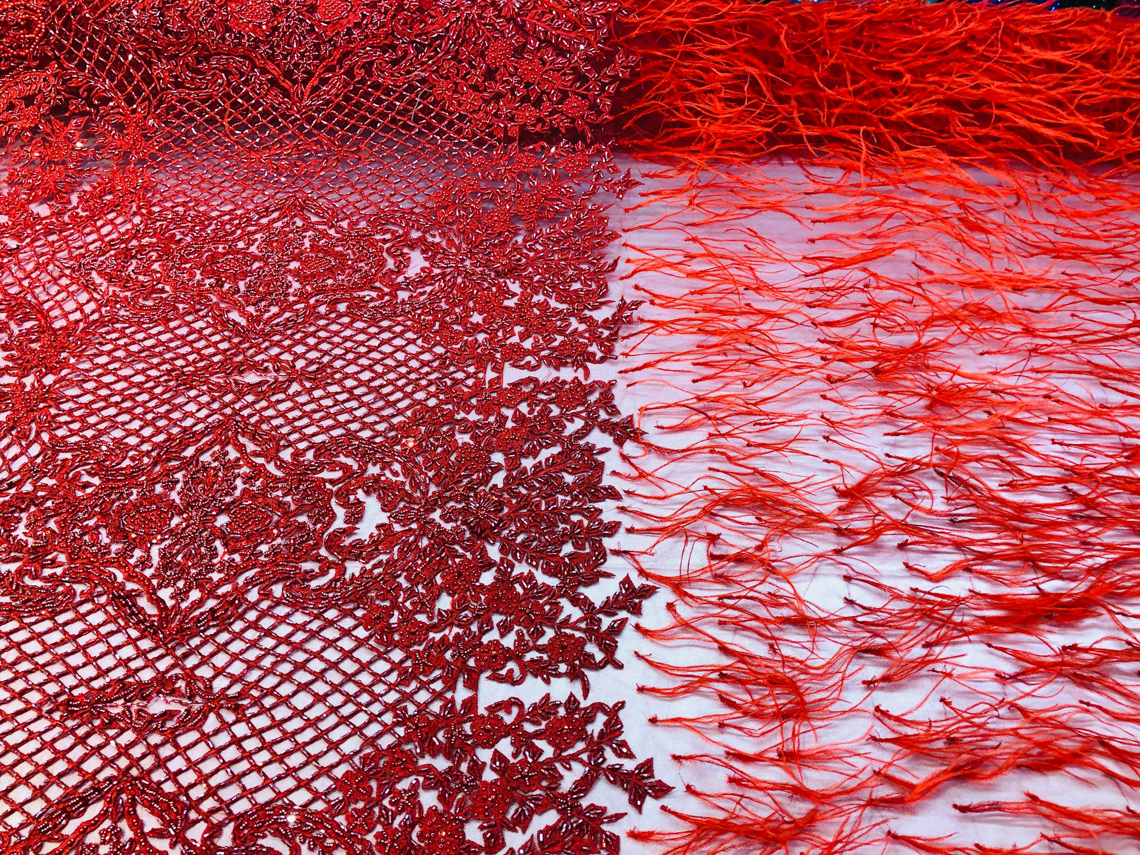 Beaded Feather Fabric - Red - Embroidered Luxury Mesh Lace Beads and Feathers By The Yard
