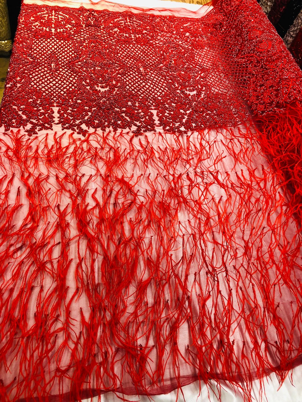 Beaded Feather Fabric - Red - Embroidered Luxury Mesh Lace Beads and Feathers By The Yard