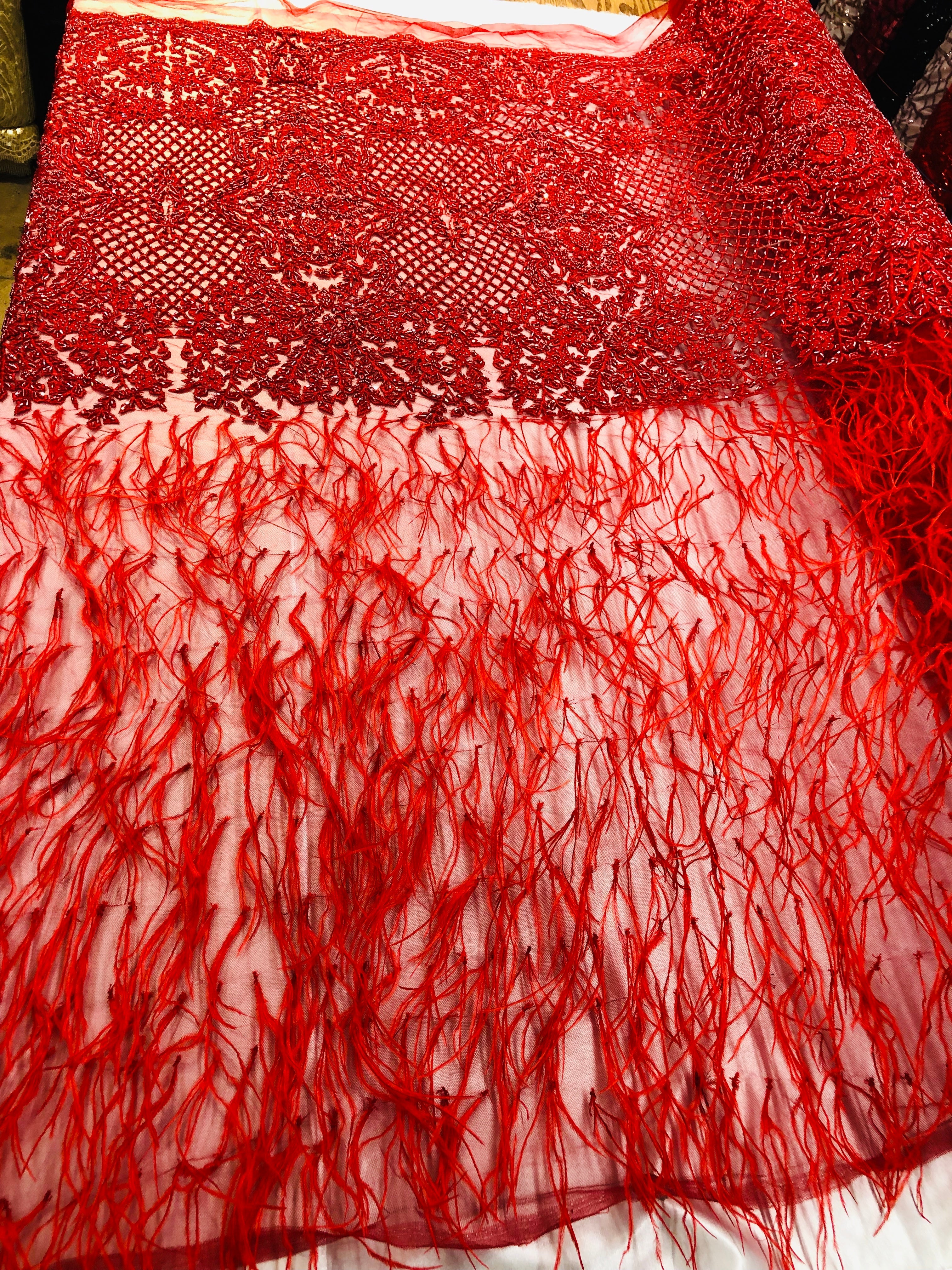 Beaded Feather Fabric - Red - Embroidered Luxury Mesh Lace Beads and Feathers By The Yard