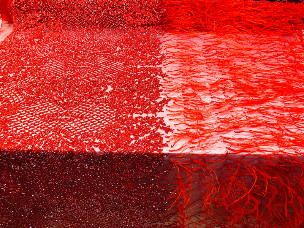 Beaded Feather Fabric - Red - Embroidered Luxury Mesh Lace Beads and Feathers By The Yard