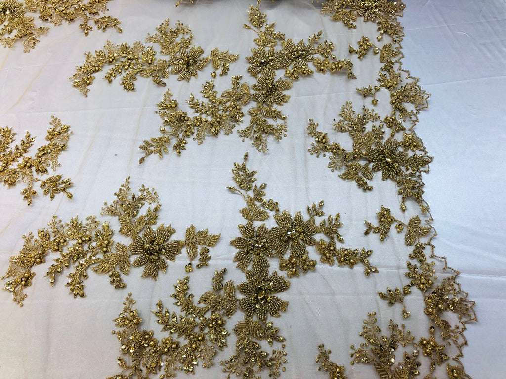 Beaded Fabric - Gold - Embroidered Flower Lace Fabric with Beads On A Mesh Sold By The Yard