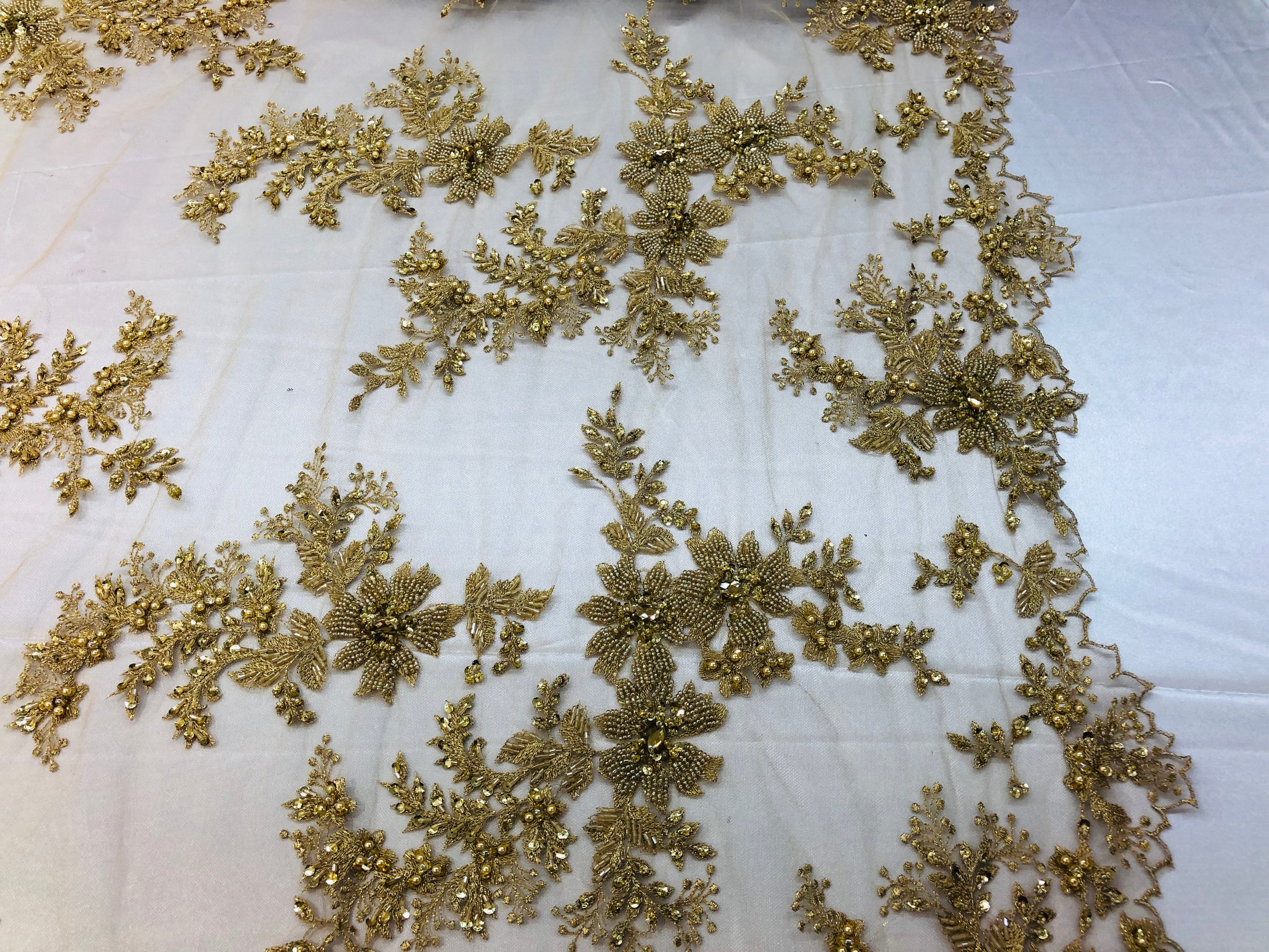 Beaded Fabric - Gold - Embroidered Flower Lace Fabric with Beads On A Mesh Sold By The Yard