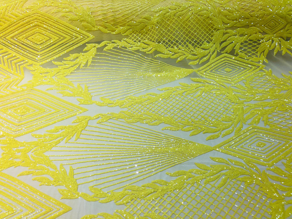 4 Way Stretch - Yellow - Geometric Design Sequins On Mesh Beautiful Fashion Fabrics Sold By Yard