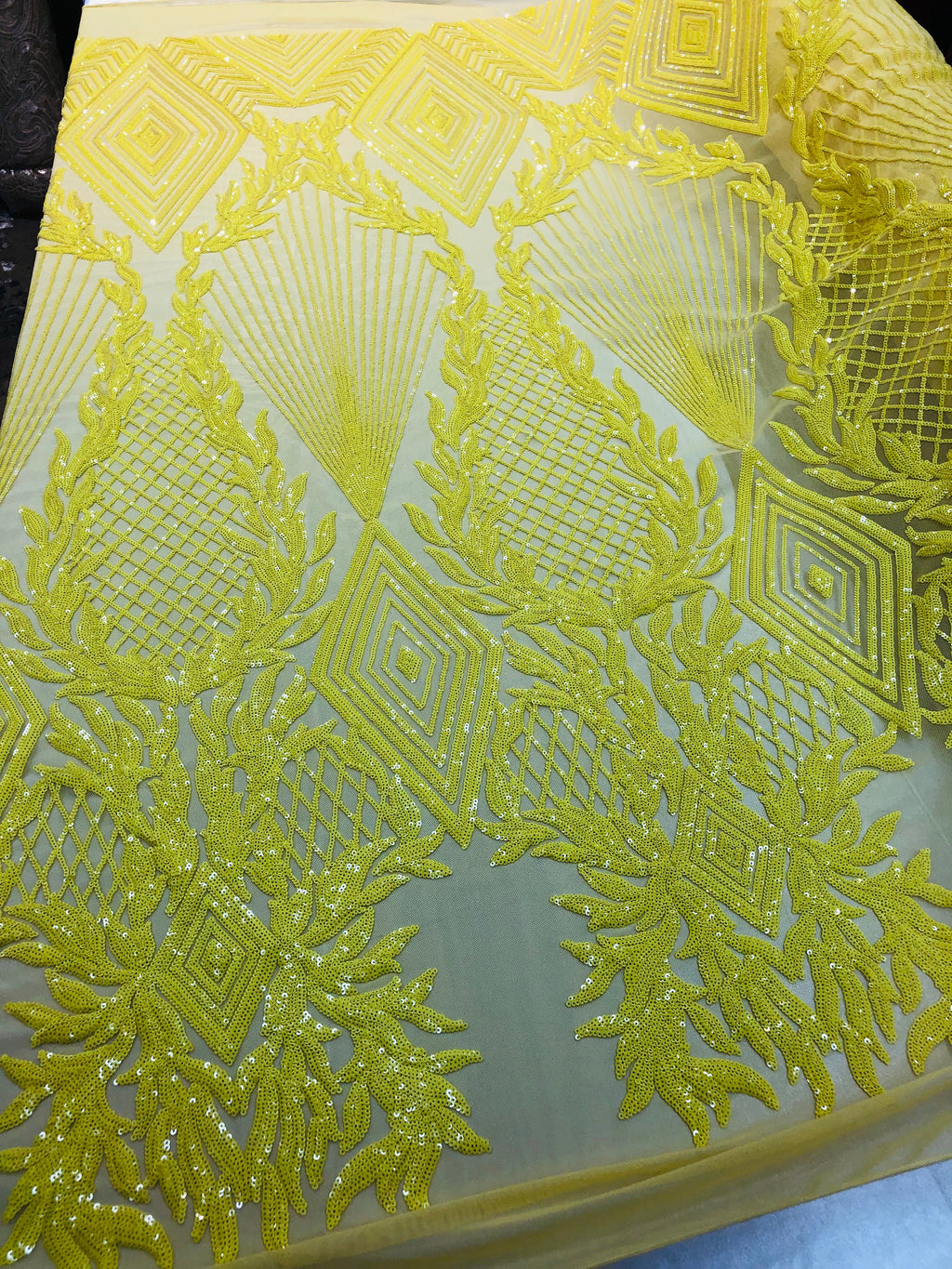 4 Way Stretch - Yellow - Geometric Design Sequins On Mesh Beautiful Fashion Fabrics Sold By Yard