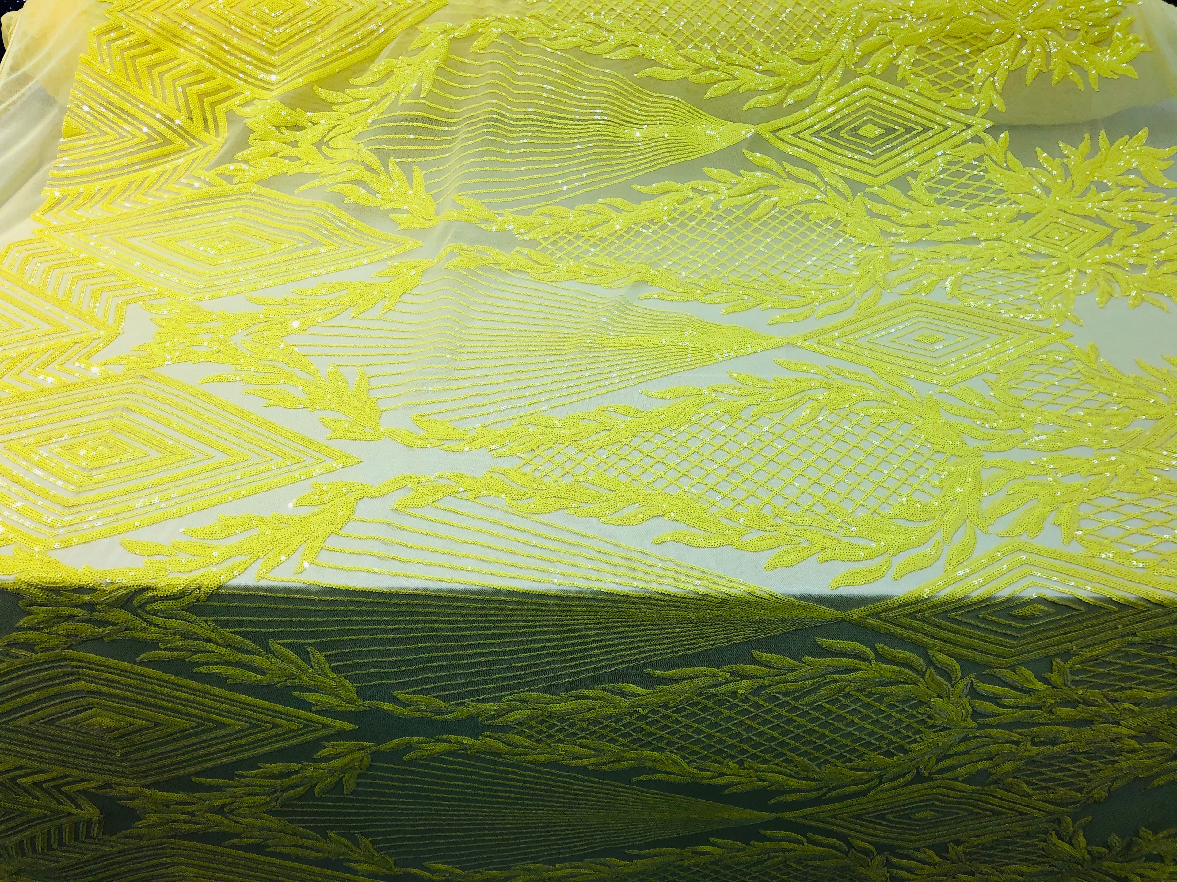 4 Way Stretch - Yellow - Geometric Design Sequins On Mesh Beautiful Fashion Fabrics Sold By Yard