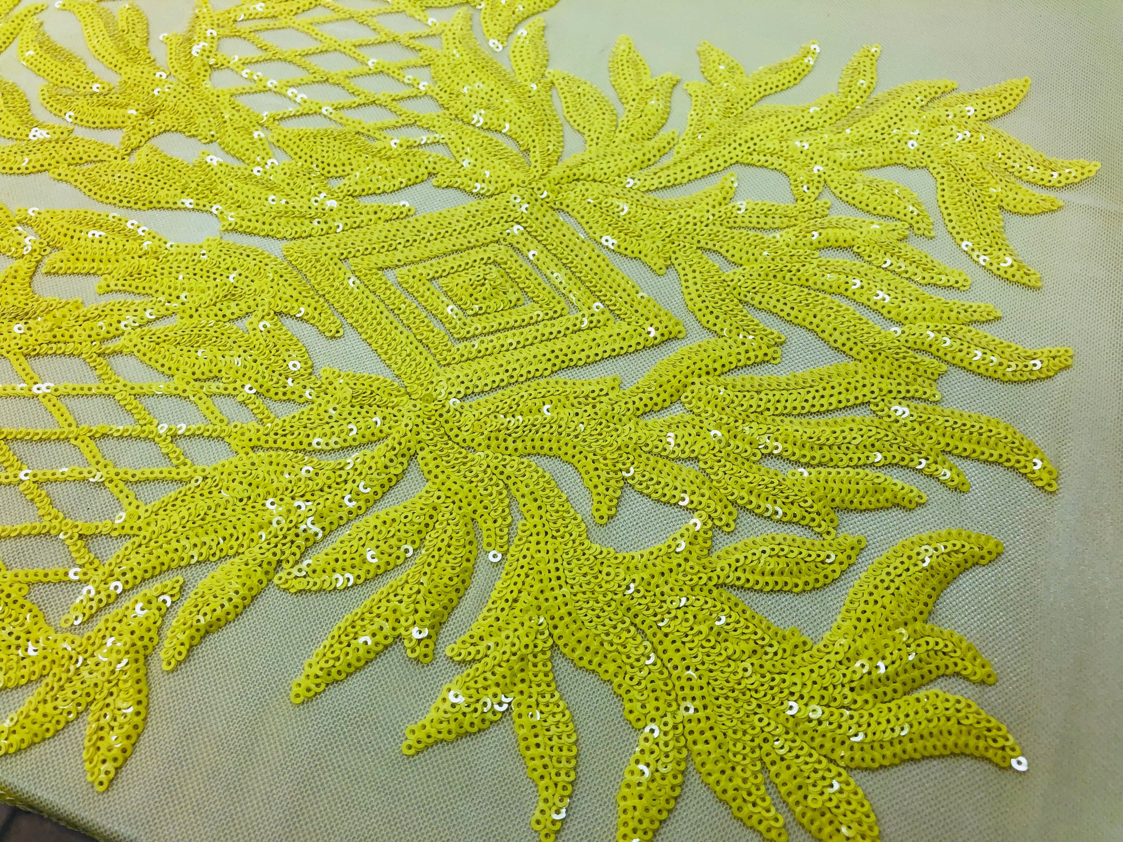 4 Way Stretch - Yellow - Geometric Design Sequins On Mesh Beautiful Fashion Fabrics Sold By Yard